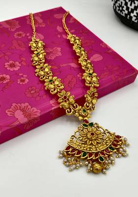 Gold Plated Pink & Green Stone Studded Jewellery Set 4