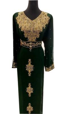 green georgette moroccan islamic dubai kaftan farasha zari and stone work dress 1