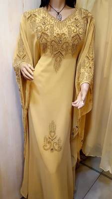 beige georgette moroccan islamic dubai kaftan farasha zari and stone work dress 1
