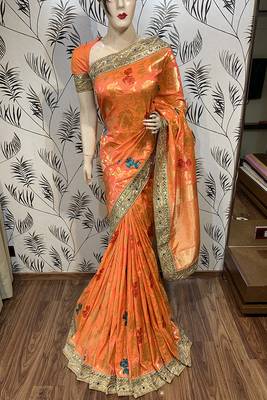 Orange Embroidered Pure Banarasi Silk Saree With Blouse 1