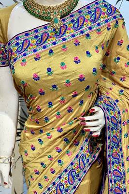 Mustard Embroidered Pure Silk Saree With Blouse 2