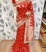 Red Embroidered Pure Banarasi Silk Saree With Blouse