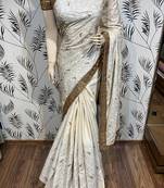 Off White Embroidered Pure Satin Saree With Blouse