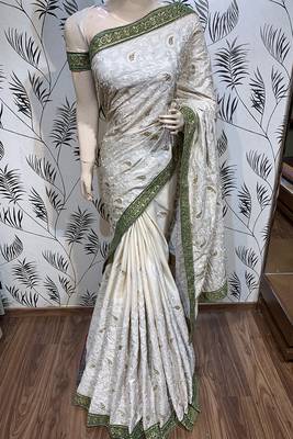 Off White Embroidered Pure Satin Saree With Blouse 1