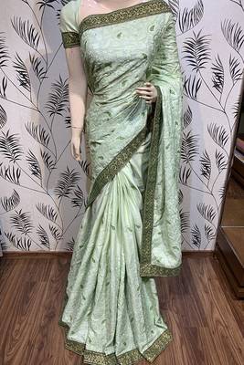 Light Green Embroidered Pure Satin Saree With Blouse 1
