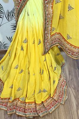 Yellow Embroidered Pure Georgette Saree With Blouse 3
