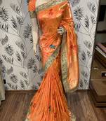 Orange Embroidered Pure Banarasi Silk Saree With Blouse