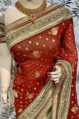 Red Embroidered Pure Viscose Saree With Blouse 2