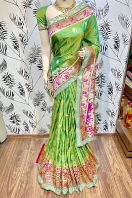 Green Embroidered Pure Banarasi Silk Saree With Blouse 1