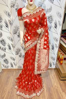 Red Embroidered Pure Banarasi Silk Saree With Blouse 1