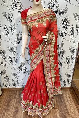 Red Embroidered Pure Georgette Saree With Blouse 1