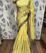 Yellow Embroidered Pure Satin Saree With Blouse