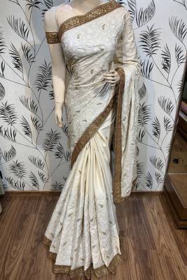 Off White Embroidered Pure Satin Saree With Blouse 1