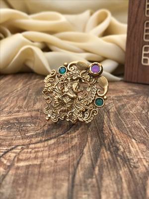 Green Red Studded Temple Lord Ganesh Ring 1
