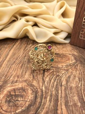 Green Red Studded Temple Lord Ganesh Ring 2