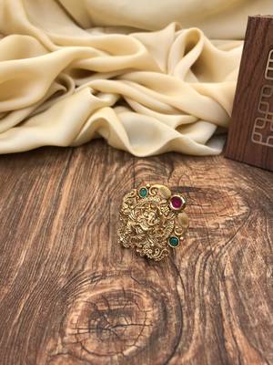 Green Red Studded Temple Lord Ganesh Ring 3