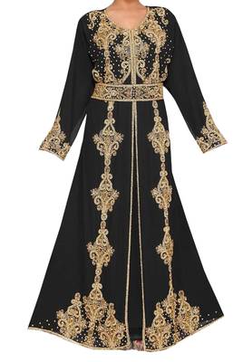 black georgette moroccan islamic dubai kaftan farasha zari and stone work dress 1