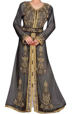 black georgette moroccan islamic dubai kaftan farasha zari and stone work dress 1