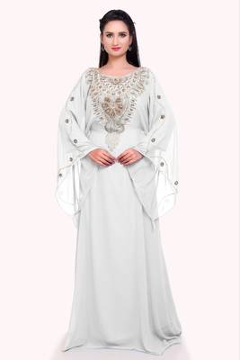 white georgette moroccan islamic dubai kaftan farasha zari and stone work dress 1