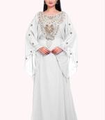 white georgette moroccan islamic dubai kaftan farasha zari and stone work dress