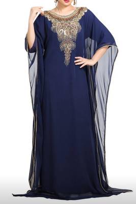navy blue georgette moroccan islamic dubai kaftan farasha zari and stone work dress 1