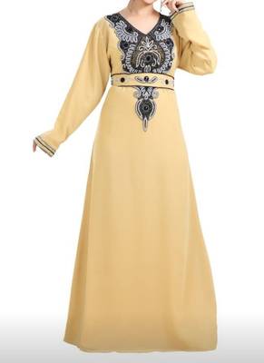 yellow georgette moroccan islamic dubai kaftan farasha zari and stone work dress 1