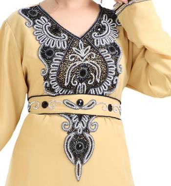 yellow georgette moroccan islamic dubai kaftan farasha zari and stone work dress 2