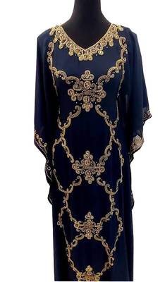 navy blue georgette moroccan islamic dubai kaftan farasha zari and stone work dress 1