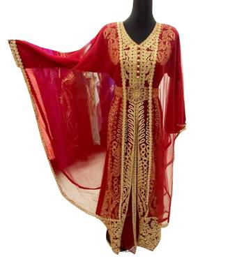 red georgette moroccan dubai kaftan farasha aari and stone work dress 1
