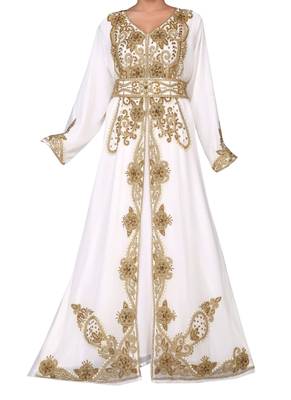 white georgette moroccan islamic dubai kaftan farasha zari and stone work dress 1
