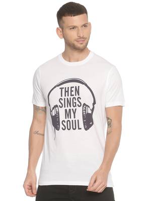 White Printed Cotton Knitted Stretch Men Tshirts 1