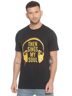 Black Printed Cotton Knitted Stretch Men Tshirts 1