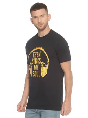Black Printed Cotton Knitted Stretch Men Tshirts 3