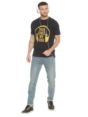 Black Printed Cotton Knitted Stretch Men Tshirts 4
