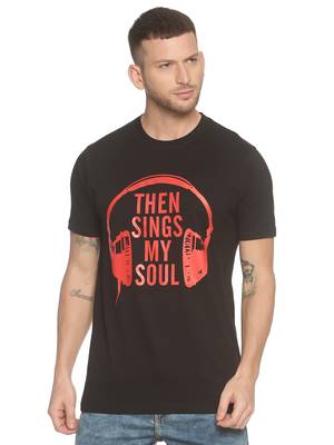 Black Printed Cotton Knitted Stretch Men Tshirts 1