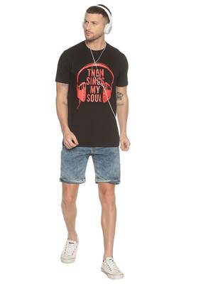 Black Printed Cotton Knitted Stretch Men Tshirts 4