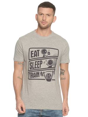 Grey Printed Cotton Knitted Stretch Men Tshirts 1