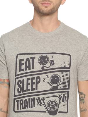 Grey Printed Cotton Knitted Stretch Men Tshirts 5