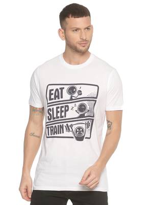White Printed Cotton Knitted Stretch Men Tshirts 1