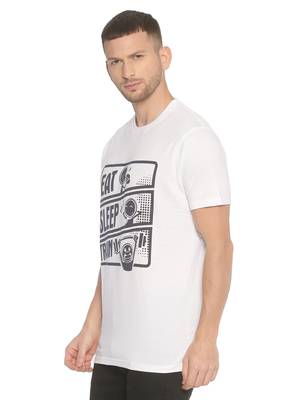 White Printed Cotton Knitted Stretch Men Tshirts 3
