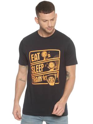Black Printed Cotton Knitted Stretch Men Tshirts 1