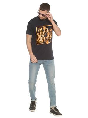 Black Printed Cotton Knitted Stretch Men Tshirts 4