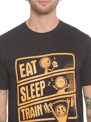 Black Printed Cotton Knitted Stretch Men Tshirts 5