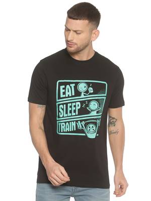 Black Printed Cotton Knitted Stretch Men Tshirts 1