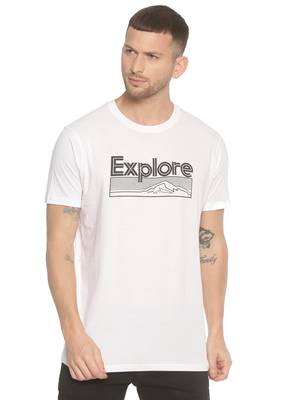 White Printed Cotton Knitted Stretch Men Tshirts 1