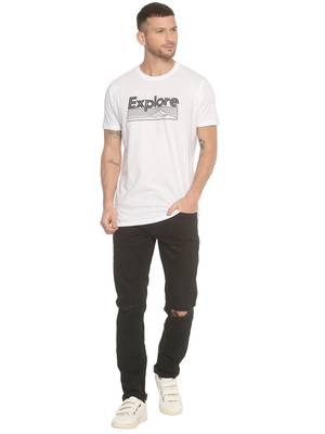 White Printed Cotton Knitted Stretch Men Tshirts 4