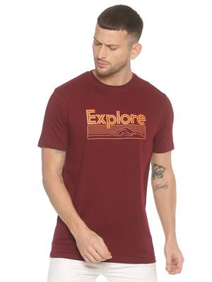 Maroon Printed Cotton Knitted Stretch Men Tshirts 1