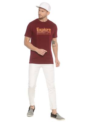 Maroon Printed Cotton Knitted Stretch Men Tshirts 4
