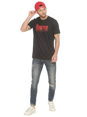 Black Printed Cotton Knitted Stretch Men Tshirts 4