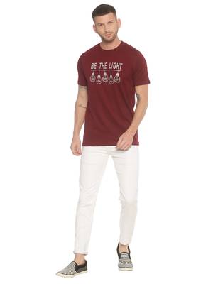 Maroon Printed Cotton Knitted Stretch Men Tshirts 4